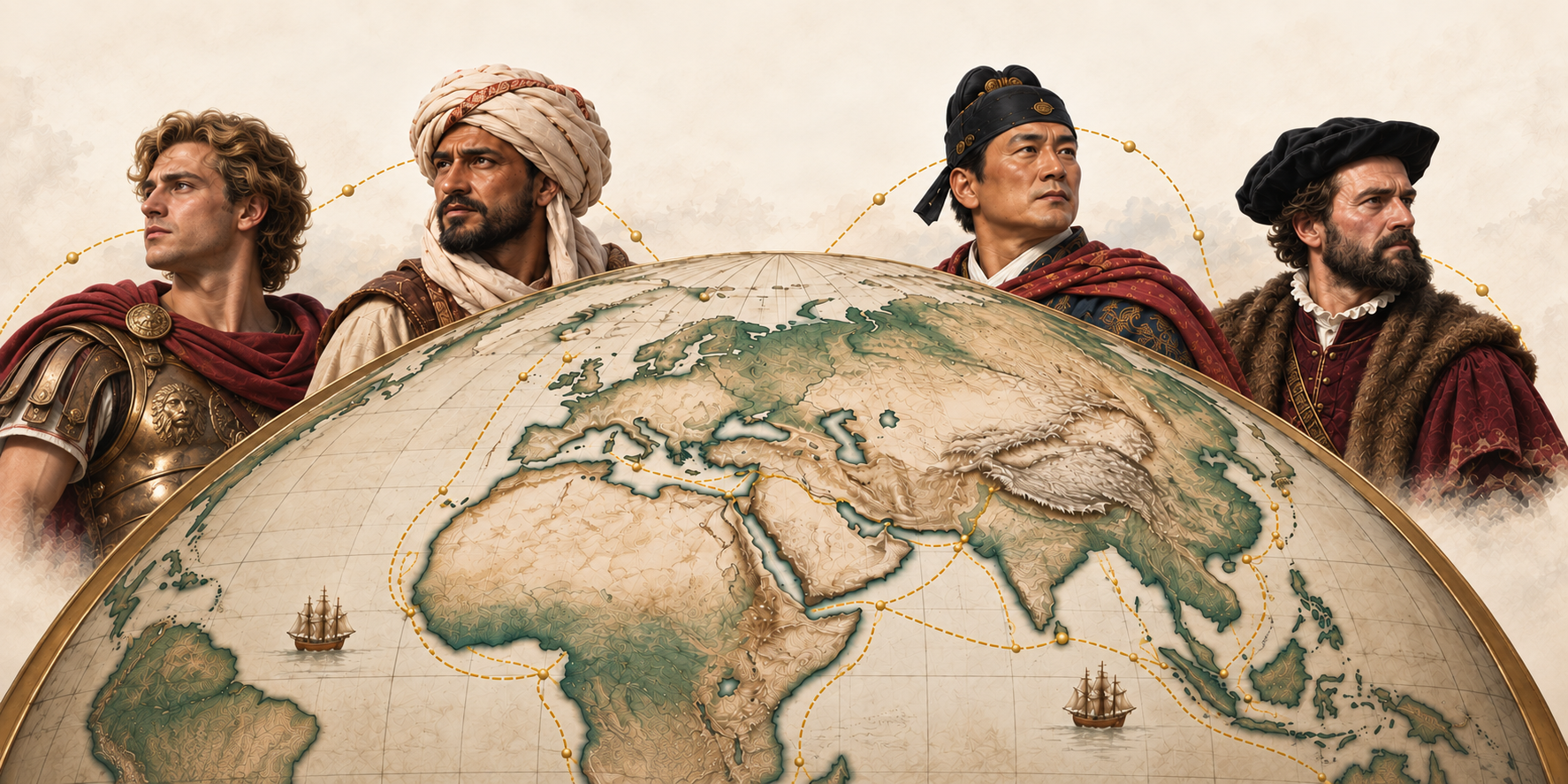 Imagined portraits of Alexander the Great, Ibn Battuta, Zheng He and Jacques Cartier above an antique globe.